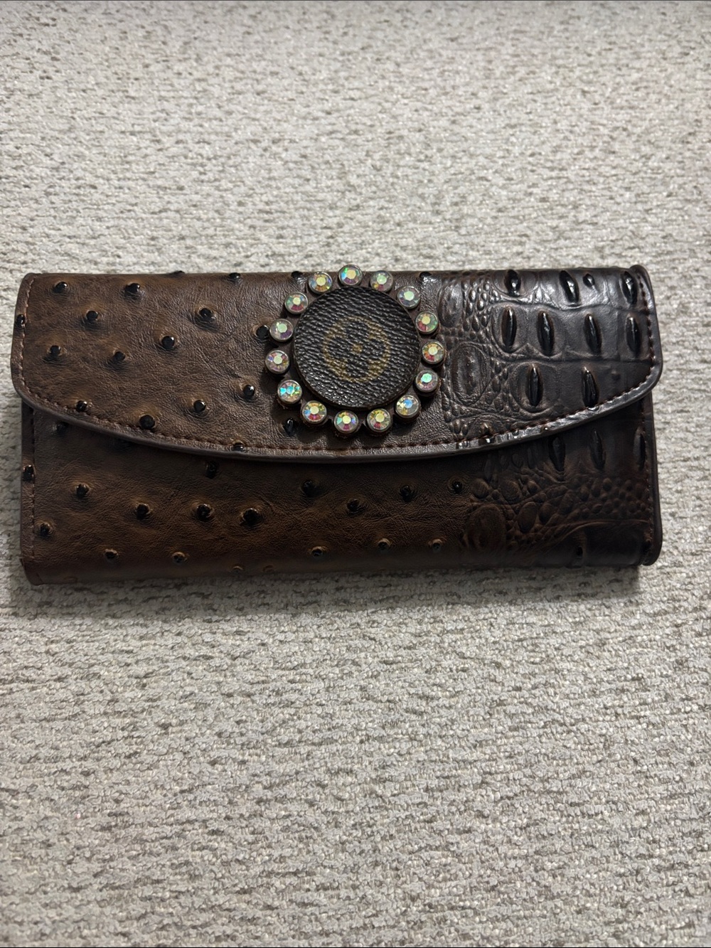 Brown Embossed Leather Wallet with Decorative Concho